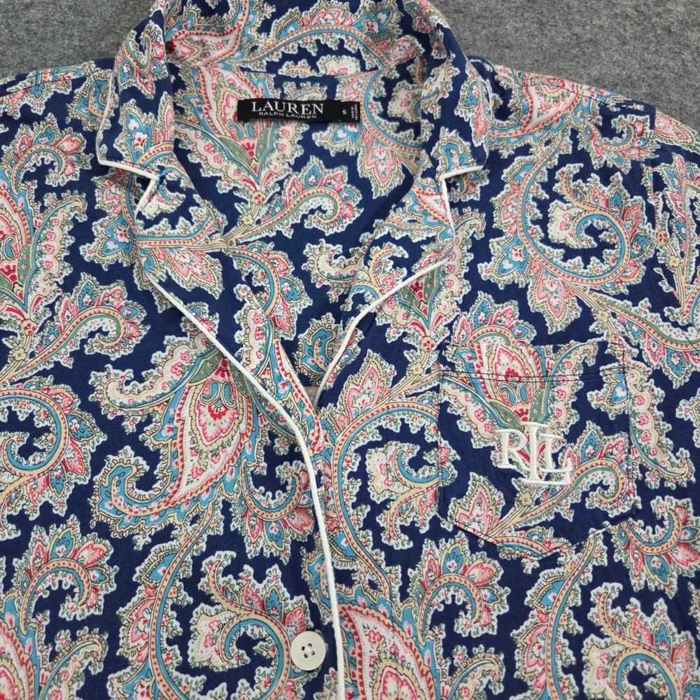 Ralph Lauren Navy Blue Paisley Cotton Blend Pajama Top Short Sleeve S